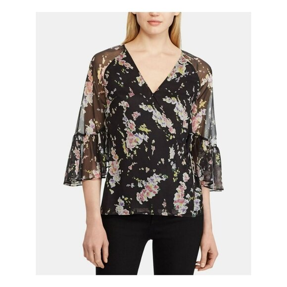 Lauren Ralph Lauren Black Side Tie Floral Bell Sleeve V Neck Wrap Top Medium - Picture 1 of 4